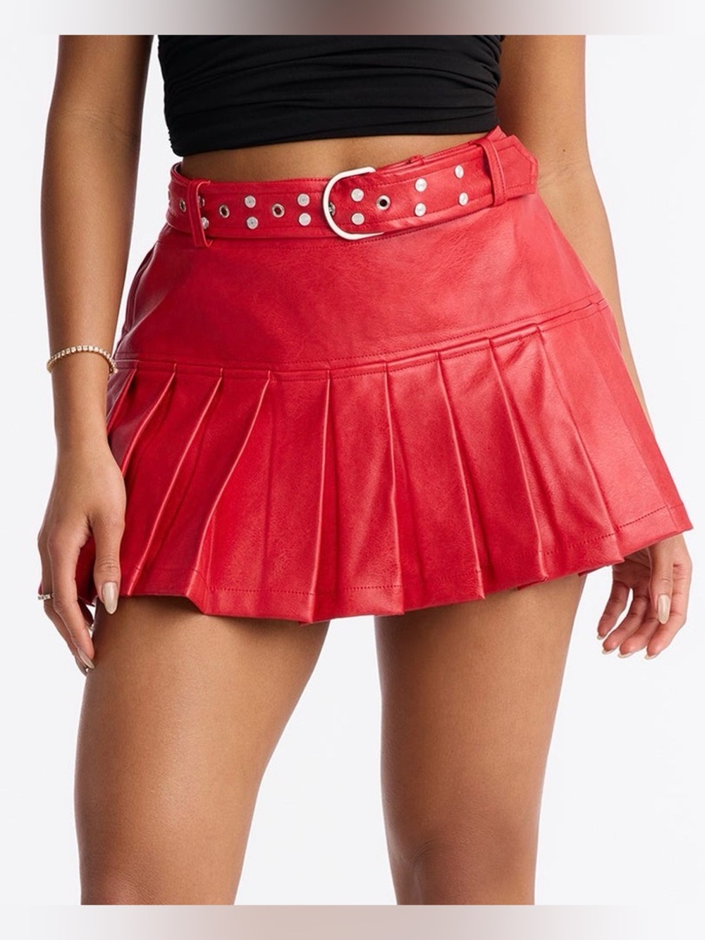 Fashion Nova Red Pleated Mini Skirt with Studded Belt